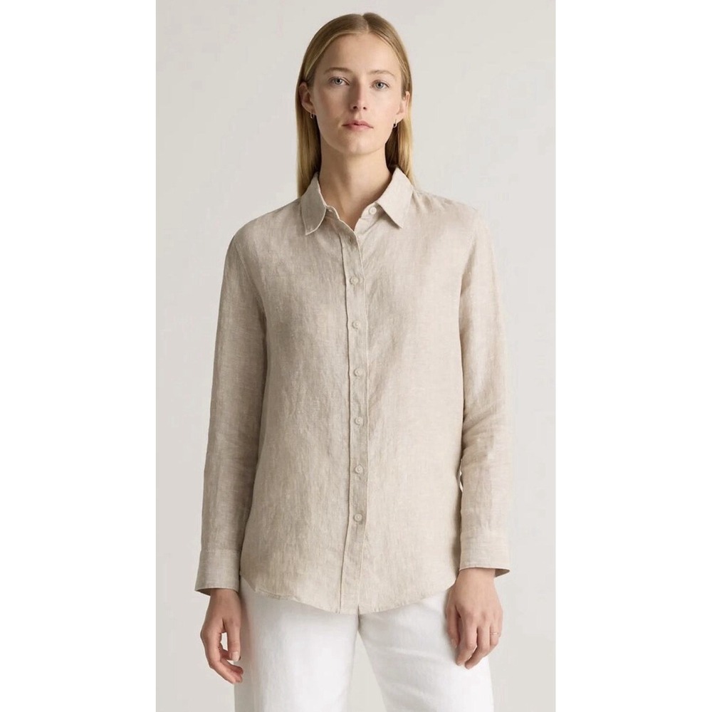 Quince European Linen Long Sleeve Button Up Driftwood Tan LG Women Flax Coastal